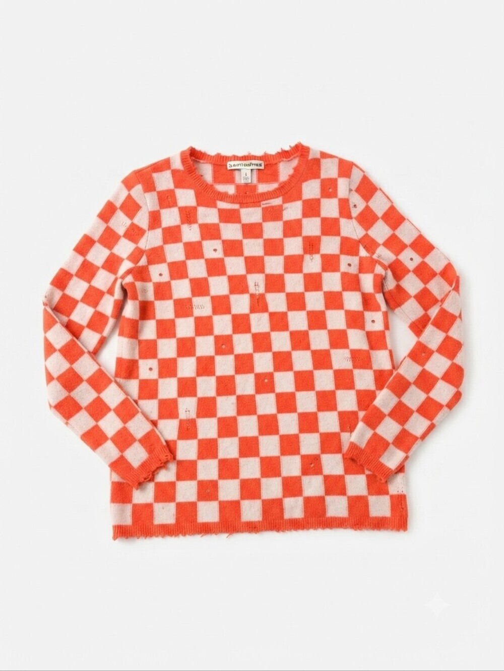 Autumn Cashmere 100% Cashmere Checkerboard Distressed Sweater Orange/White Size